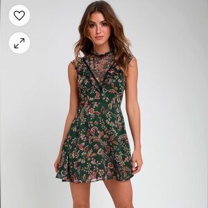 Moon River Dawn Forest Green Floral Print Ruffled Mini Dress